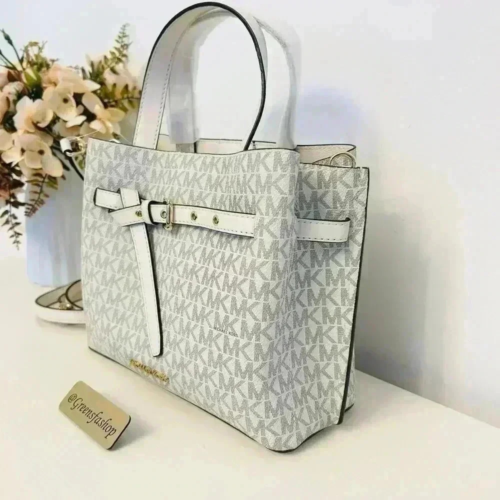 Michael Kors Emilia Small Satchel Crossbody Bag Light Cream MK Signature - Picture 3 of 11